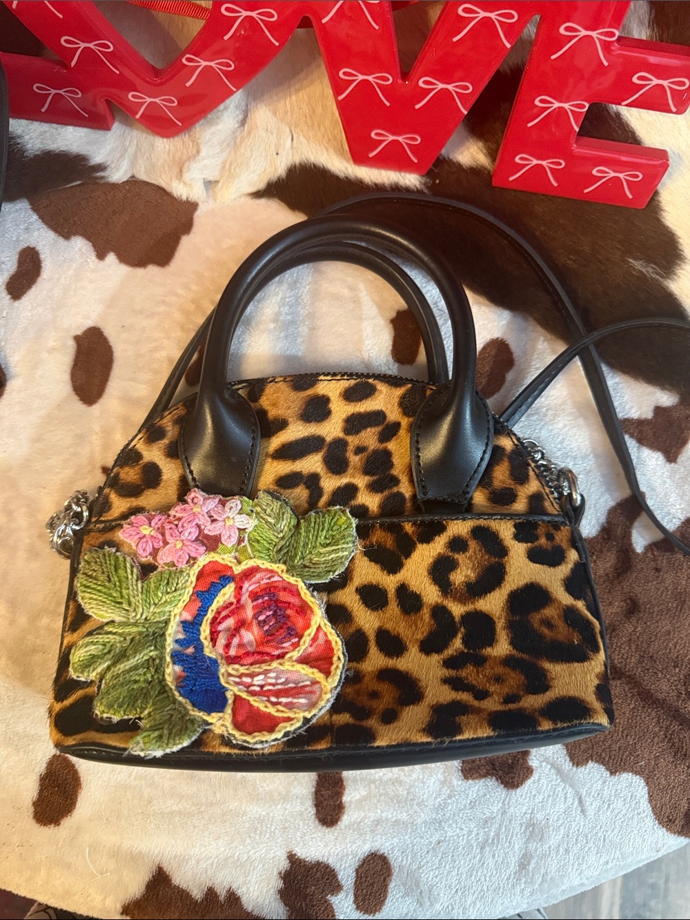 Zara Leopard Print Mini Satchel with Floral Appliqué – Black and Brown